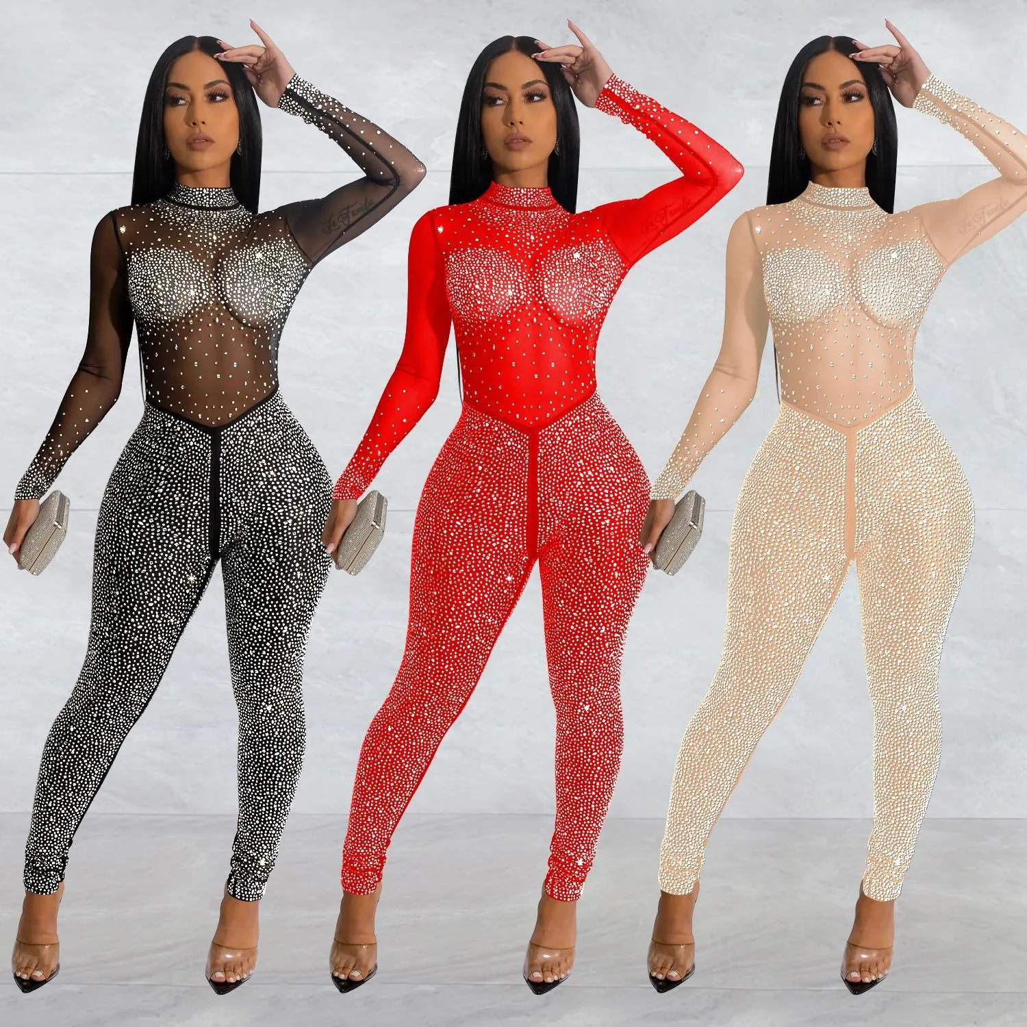 Party Nightclub Gathering Prom Solid Color Mesh Rhinestone Long Sleeve Long Pants Jumpsuit