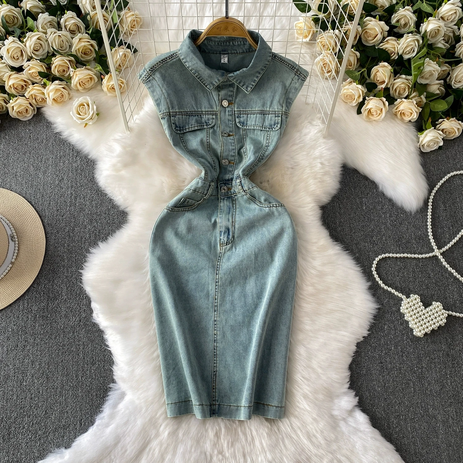 

Flap Collar Sleeveless Denim Dress For Women Summer Pure Desire Low Waist Slimming A-Line Dress