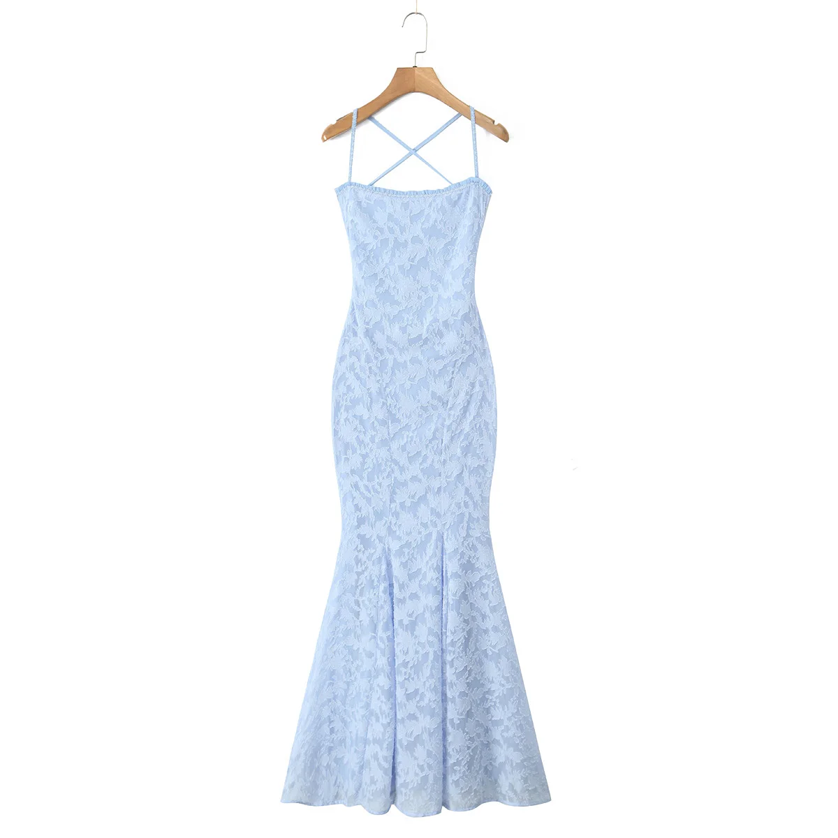 2024 Sexy Blauwe Jacquard Weave Bandage Cross Vetersluiting Backless Sling Jurk Vrouwen Gesplitst Kant Houten oren Midi Lange Zeemeermin Jurk