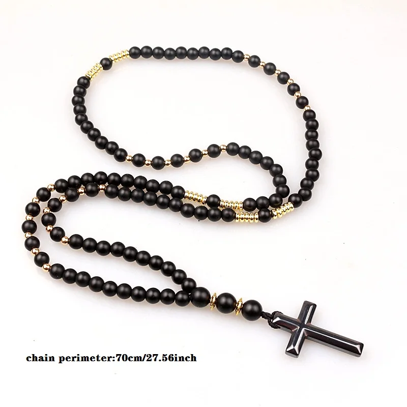 Man\'s unique necklace 6mm Natural stone bead & Hematite Cross Pendant Necklace Fashion Jewelry