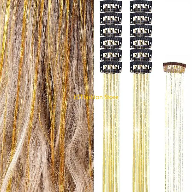 

Y5GC Set of 12pcs Rainbow Color Hair Tinsel 20 Inches Clip In Easy Use Stage Headwear