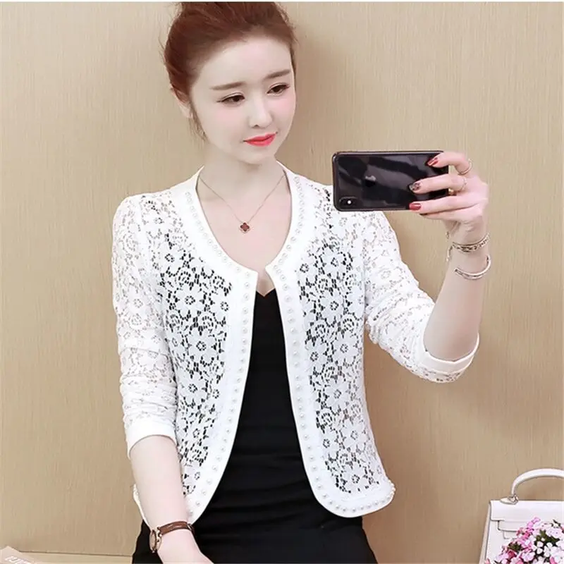 Women\'s Lace Top Sun Protection Short Jacket Spring and Summer Lace Cardigan Korean Thin Plus Size Bead Hollow Out Small Shawl