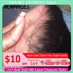 Вау Ангел 7X7 6X6 5X5 HD на шнуровке, фронтальные человеческие волосы, прямые волосы, расплавленные шкуры, предварительно выщипанные HD кружевные застежки, только натуральные волосы