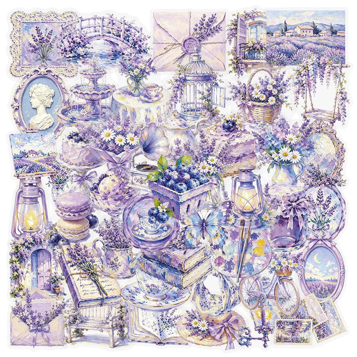 50Pcs French Country Purple Floral Oil Painting Transparent PET Sticker for Journal Skateboard Helmet Reward DIY Decor Decal