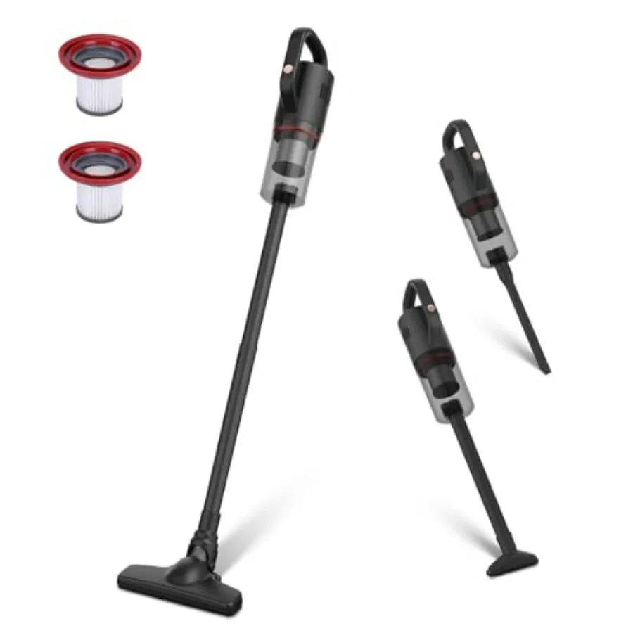 Cordless vacuum cleaner for hard floors and cars, lightweight handheld stick design, black/white, powerful suction for pet hair
