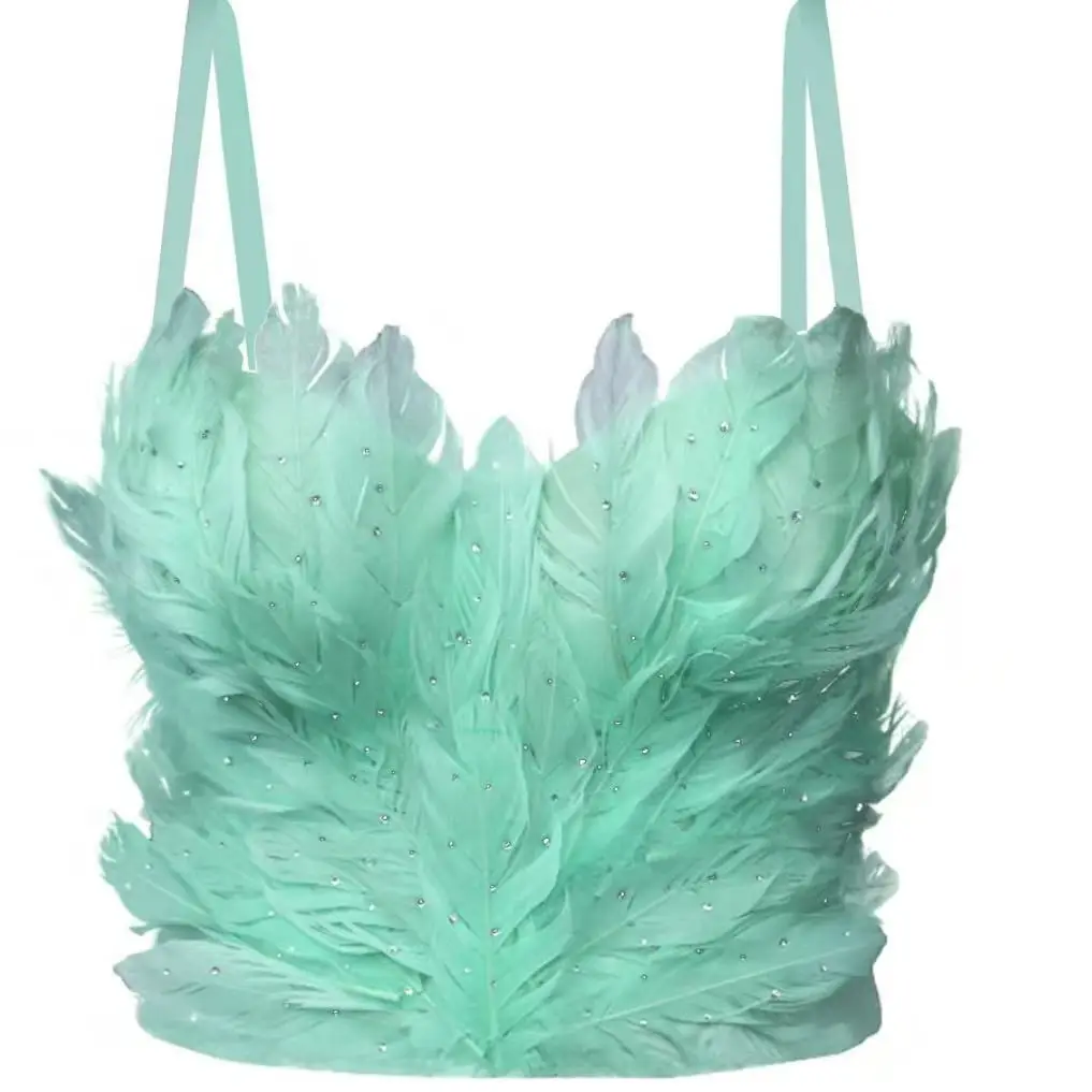 Summer Feather Camisole Top, Fishbone Rhinestone Corset,Vest for  Ballet Girl