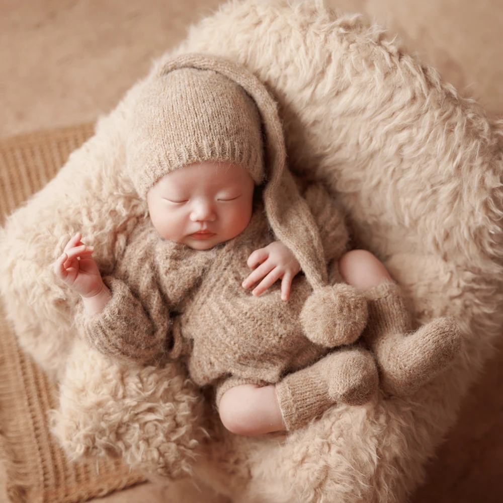 Roupas de malha para sessão de fotos de recém-nascidos, top de manga longa, macio, curto, chapéu, meias, branco, infantil, roupas fotográficas, traje para recém-nascidos