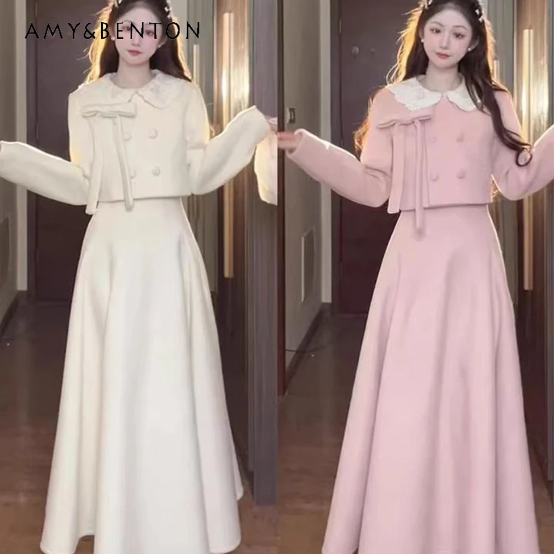 

French Design High-End Feel Long Women's Skirts 2025 Autumn Winter New Sweet Cute Double-Breasted Coat Two-Piece Sets Ladies