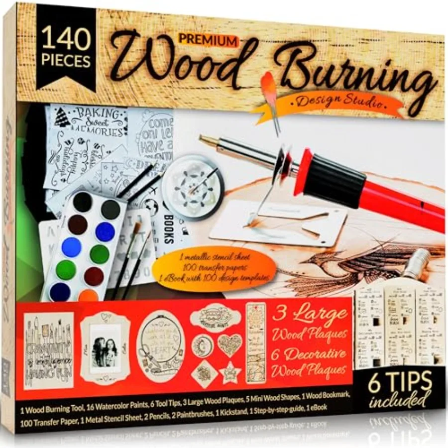 

Beginners Wood Burning Kit 140 Pieces. Best Gift Idea for Art and Craft Kit Lovers. Woodburning DIY Hobby Kits with 9 Large Woo
