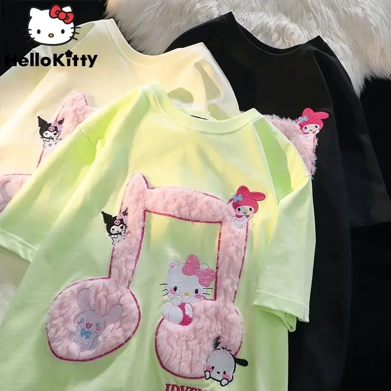 Sanrio Hello Kitty Kuromi Embroidered T-shirt New Summer Trendy Hip Hop Korean Stylish 2000s Aesthetic Tees Tops Y 2k Clothes