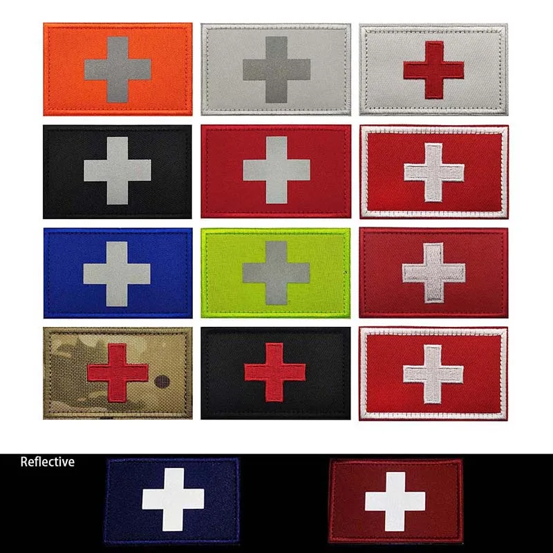 Medical Emergency Cross Emblemen Clothes Applique Embroidered,IR Reflective Badges Switzerland Flag Military Tactical Patches