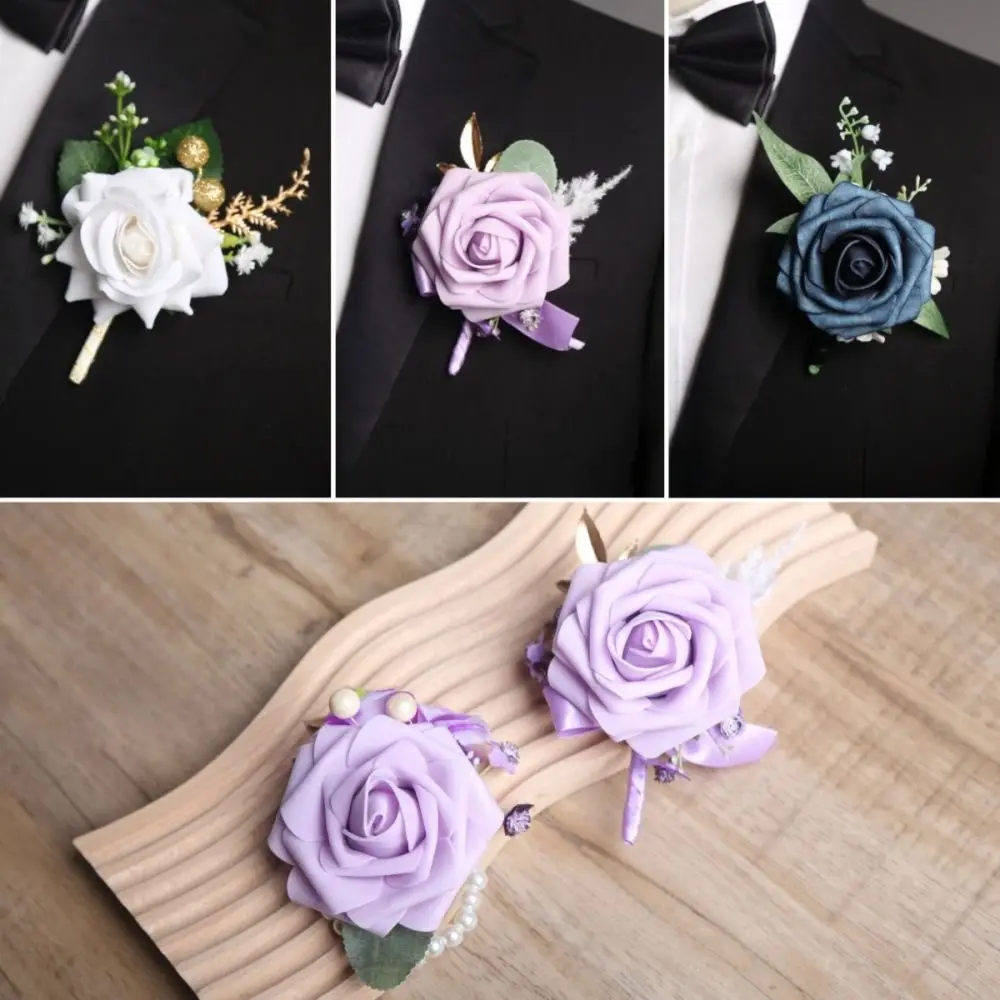 Boutonniere de rosas para novio Simple, traje de boda delicado a la moda, ramillete de flor Artificial, ojal, accesorios de boda occidentales