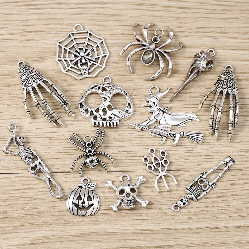 Tusember 10pcs Metal Halloween Charms For Earring Necklace Alloy Pumpkin Raven Witch Spider Skull Pendants DIY Handmade Craft