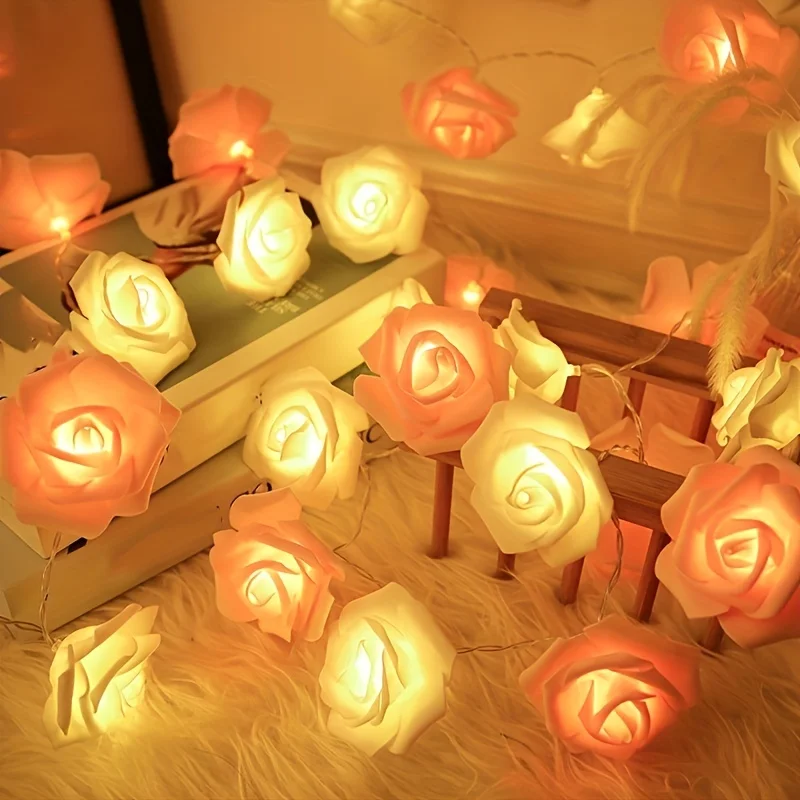 Pink Rose String Lights For Bedroom Battery Operated Flower LED Lights For Outside Romantic Home Dorm Room Festival Fairy Lights