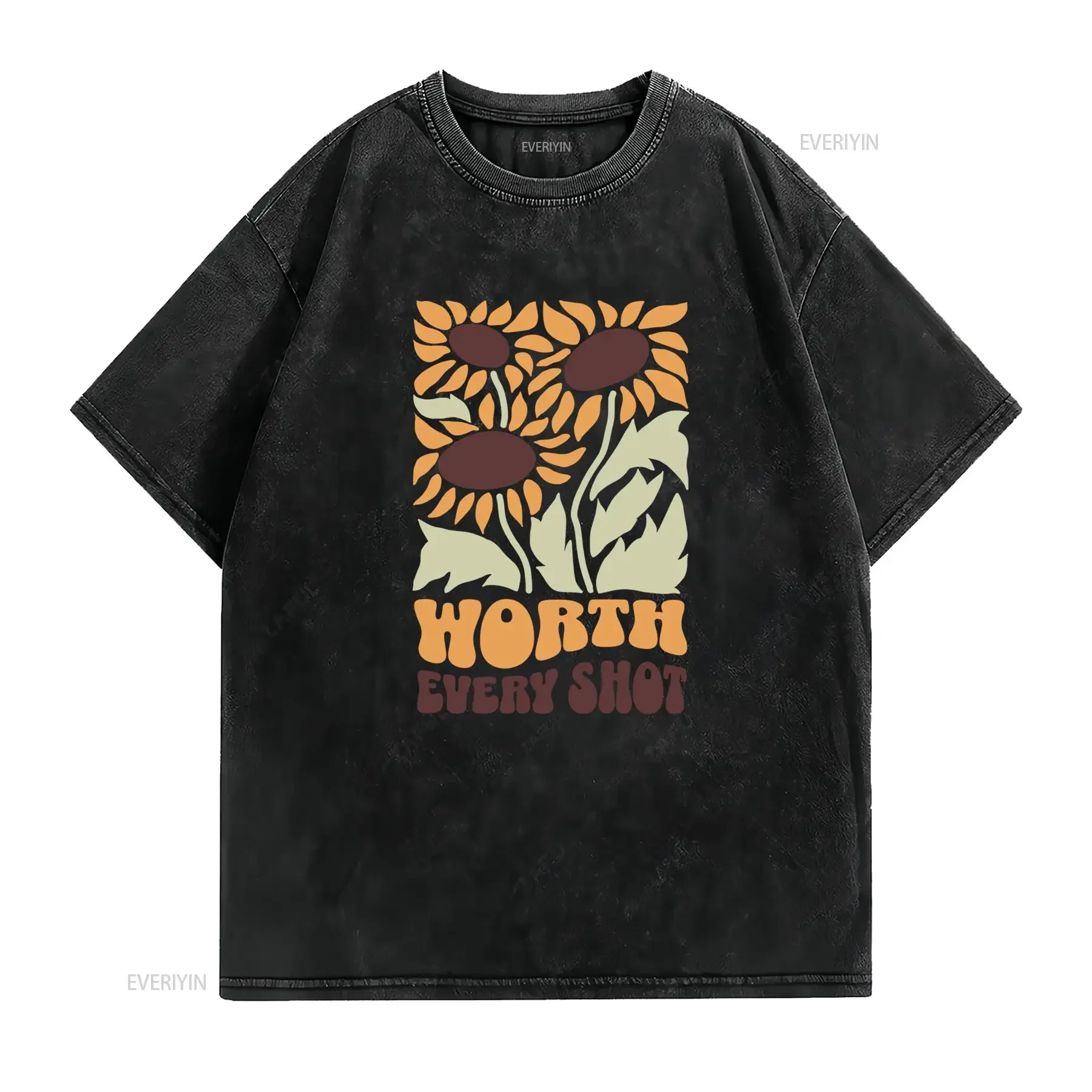 Vintage Retro Boho Sunflower Worth Every Shot Positive Quote Print Casual T Shirt vintage Washed fashion Slightly Comfortable