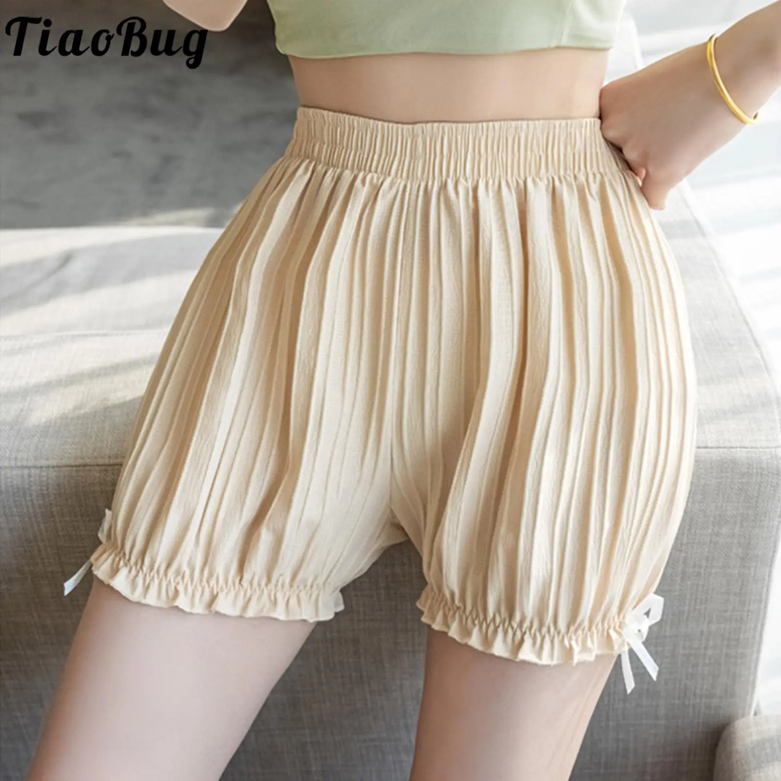 

Women Solid Color Elastic Striped Safety Shorts Cute Lolita Bow Frilly Bloomers Safety Short Pants Culottes Basic Underwear