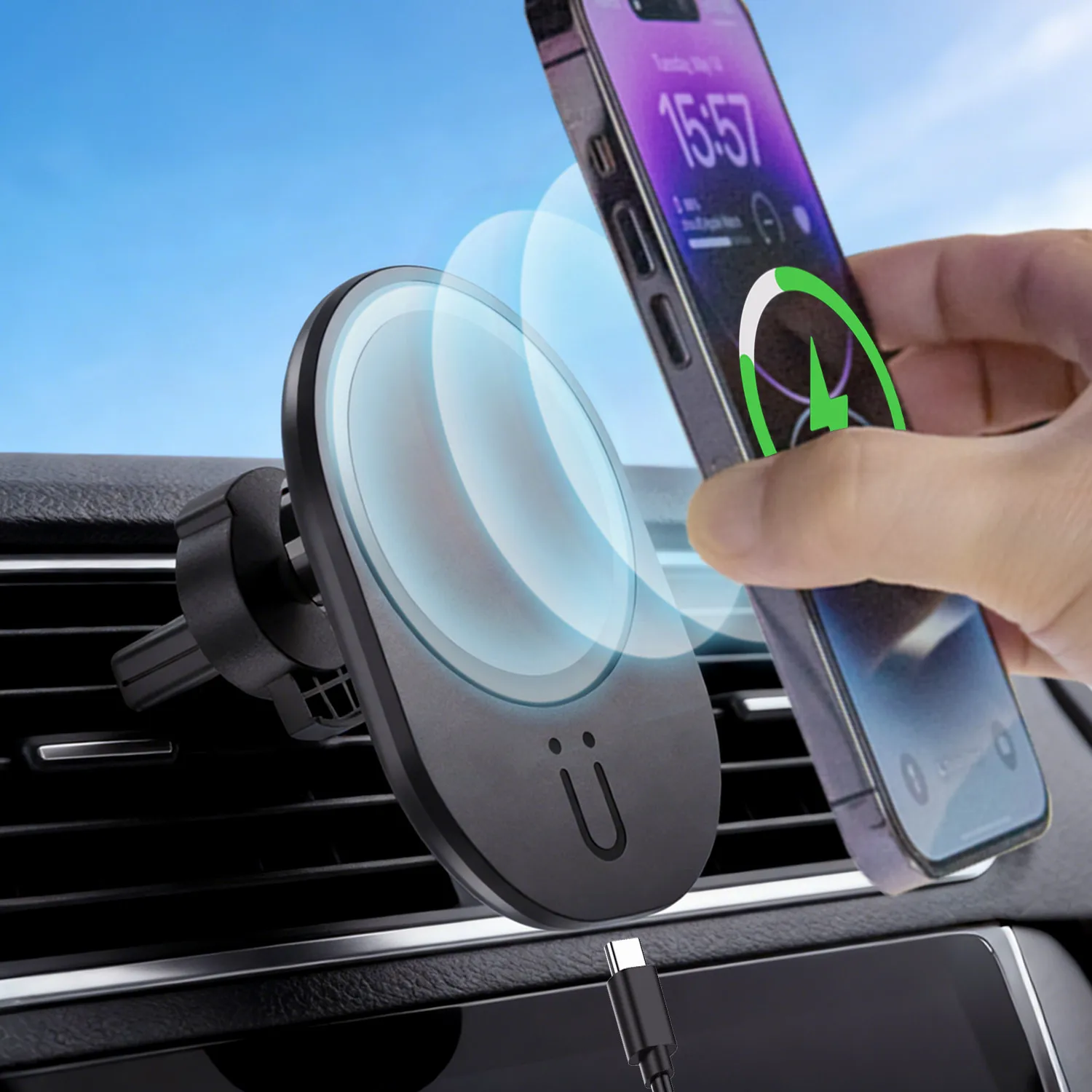 Миниатюрное магнитное беспроводное зарядное устройство 100 Вт для автомобиля, крепление на воздуховод, подставка для телефона, совместимо с MagSafe iPhone 17 16 Pro Max 15~12, быстрая зарядная док-станция для Samsung