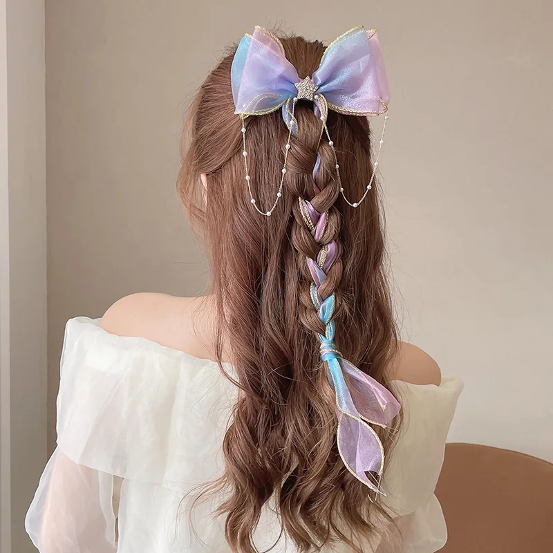 

Pearl bow headband hair clip, children's braided hair, ponytail tassel ribbon, tied hair accessories for girls 5PCS