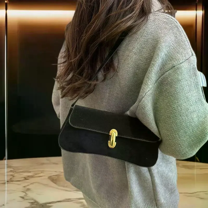 

Vintage Faux Suede Shoulder Bags For Women Lock Decoration Small Underarm Bag Versatile Trendy Pillow Bags