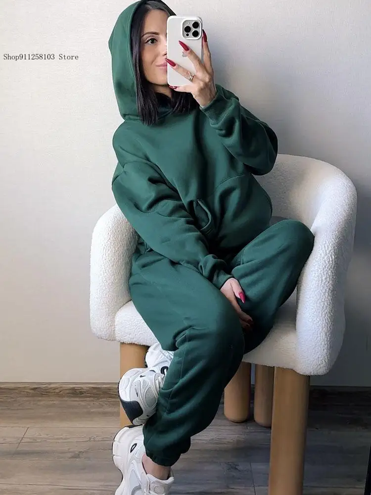 Outfit Pants Sets Casual Loose Winter Warm Tracksuits for Women 2 Pieces Winter Sweat Suit Set Women Fleece Hoodies Two Pieces
