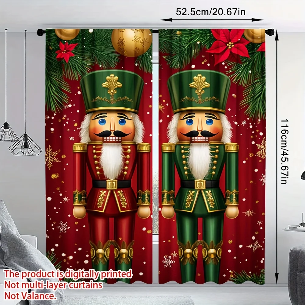 2pcs Christmas Nutcracker Print Curtains, Semi-Sheer Red Green Holiday Design for Living Room Bedroom Door Decor