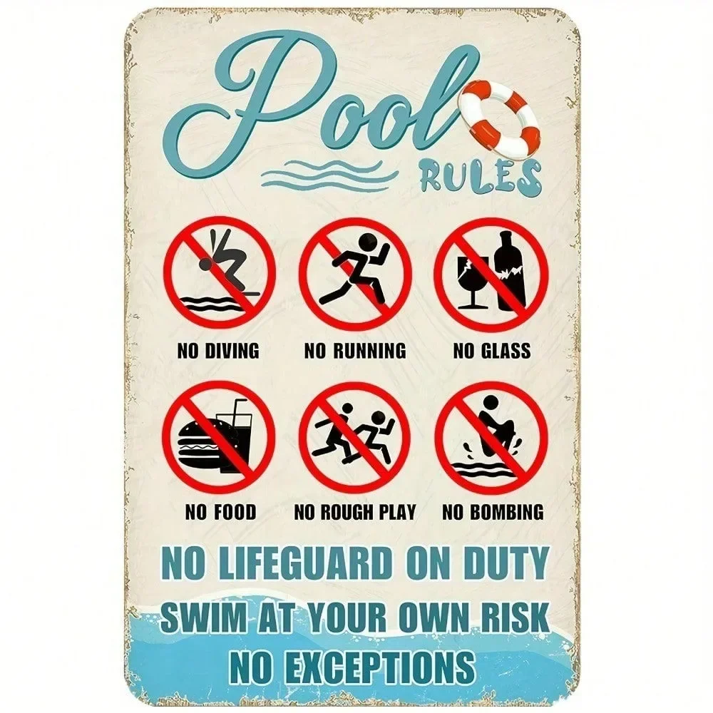 Pool Rules No Lifeguard On Duty Swim At Your Own Risk Tin Sign - Vintage Durable Metal Plaque Wall Decor, Home Office Bar Man Ca