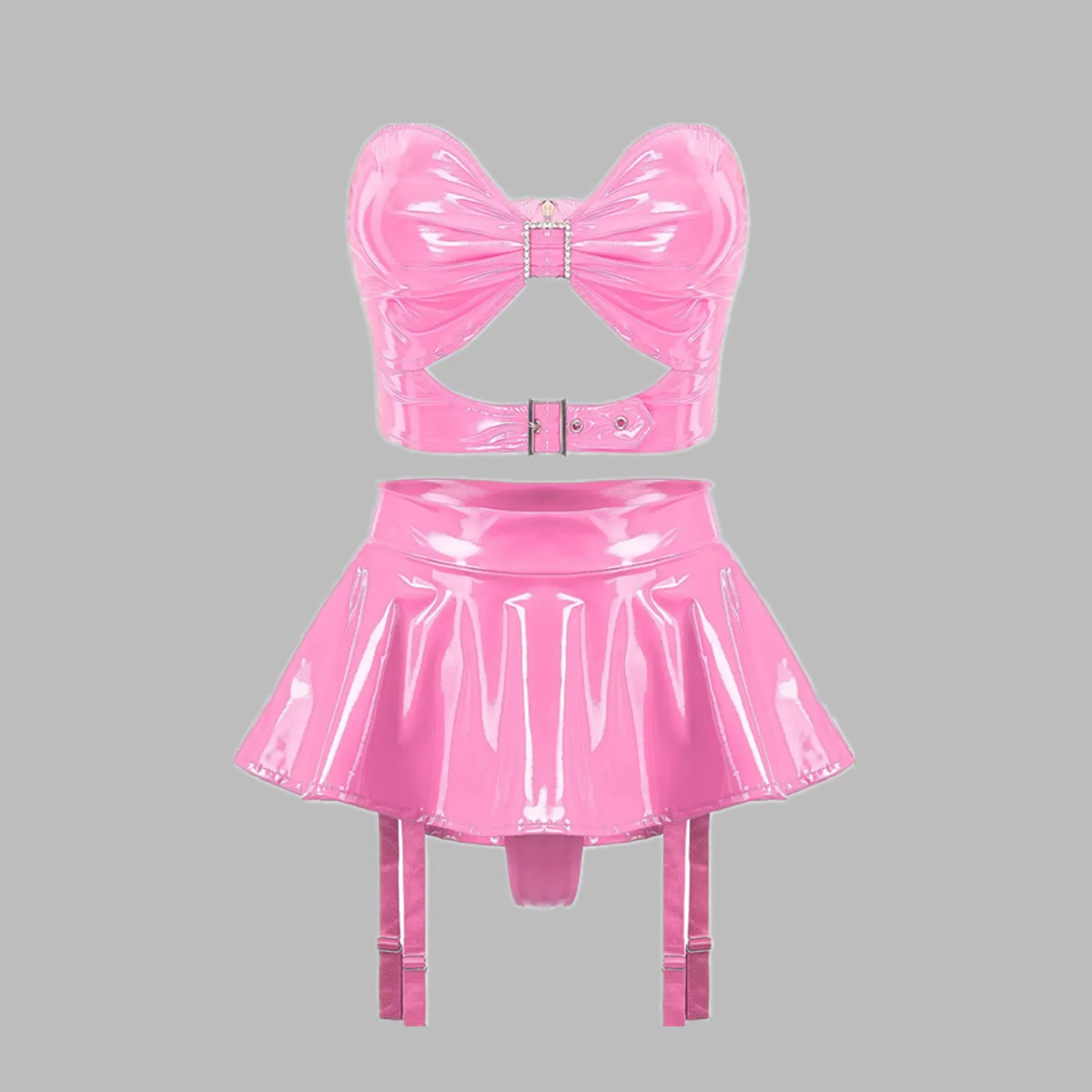

Womens Metallic Patent Leather Lingerie Suit Bra Ruffle Skirt Built-in Thongs Garter Belts Metal Clips Miniskirt Underwear Set