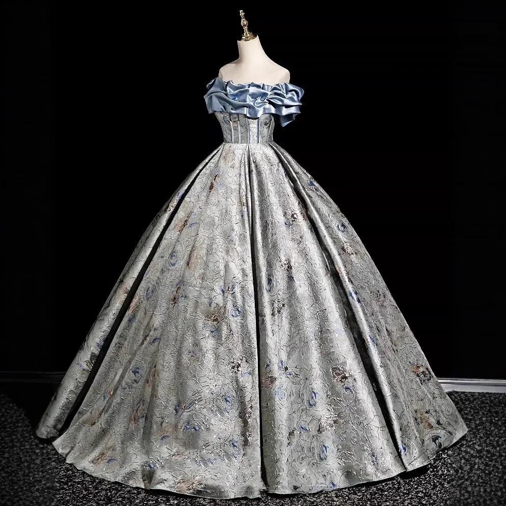 Blue Prom Dr Puffy Skirt aduation Ceremony Light Evening Gown for Fem High School Students Adult Ceremony Clothes