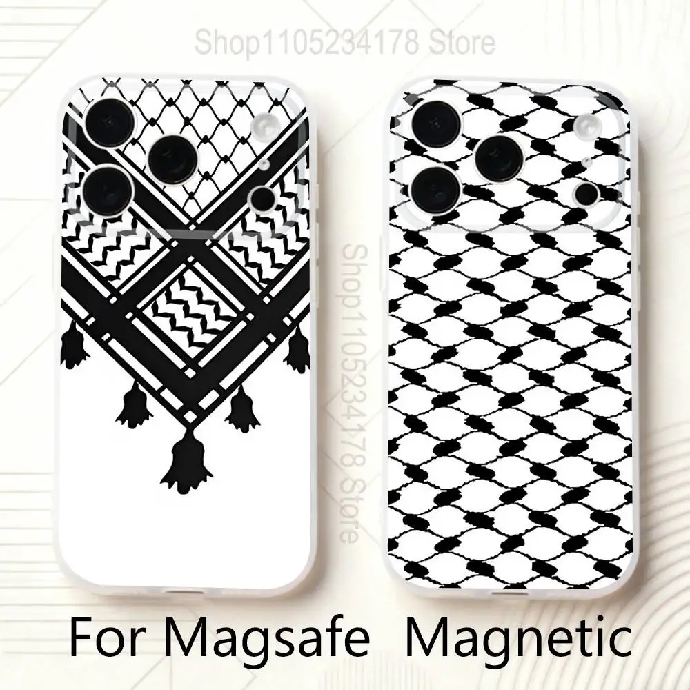 

Hattah Keffiyeh Pattern K-Kufiya Case For iPhone 17,16,15,14,13,12,11 Pro,Max,Plus,Mini,Air,E Magnetic Magsafe Frosted Clear