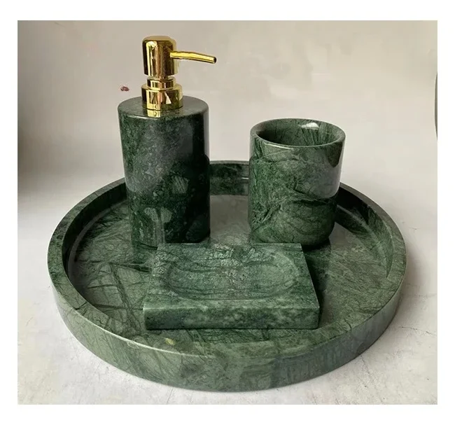 

India Green marble stone bathroom set Waterproof napkin Paper Holder soap dispenser dish Household Bathroom set for cheap price