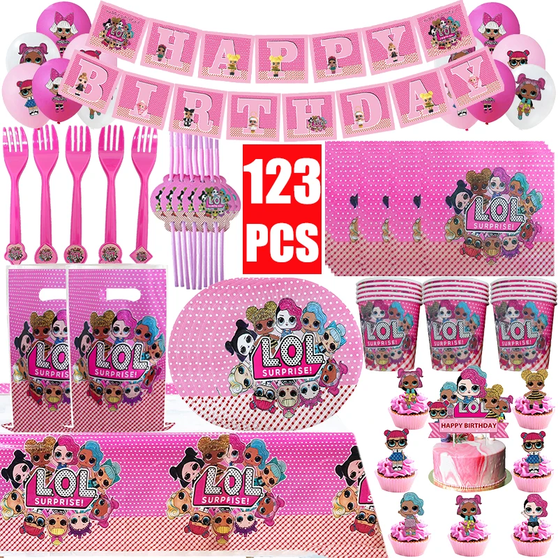 Kit Girls Birthday Party Decoration Paper Tableware Cake Topper Birthday Party Backdrop Toys Latex Balloon Thanks Candy Gift Bag