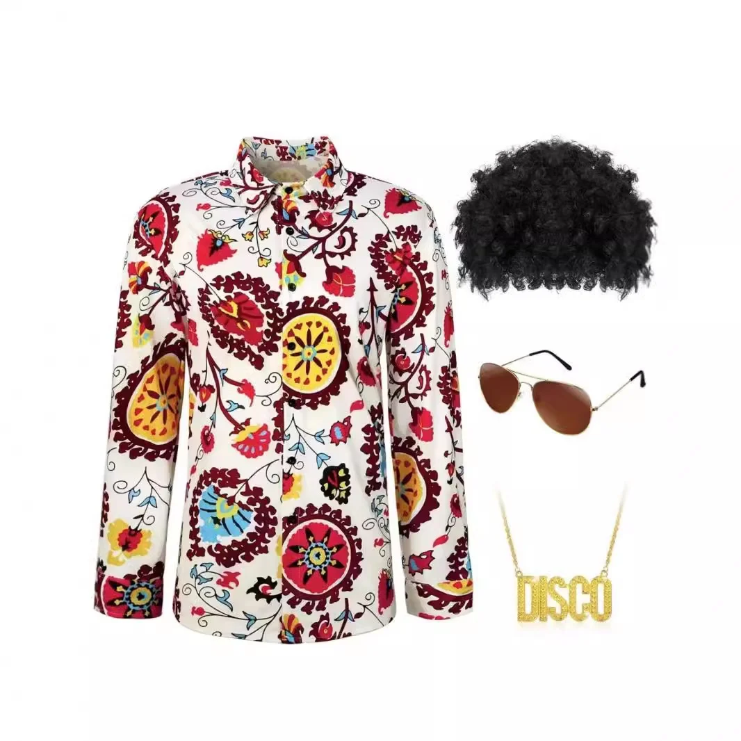 Loween Disco Hippie للرجال السبعينيات خمر الأزهار irt الوقوف صالح مطبوعة البوليستر طويل Sve Cleanfit طوق Ciwalk Co...