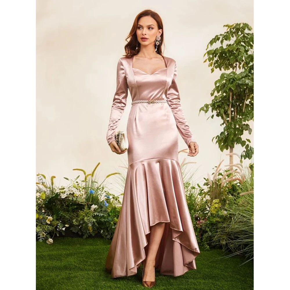 Pretty New in Pure Pink Women Prom Dresses Asymmetrical Floor Length Full Sleeves Slim Fit Elegant Female Evening Party Gowns