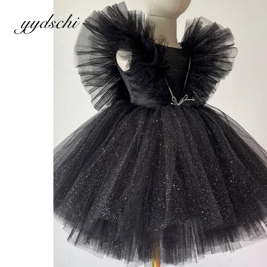 Vestido de niña de flores negro brillante personalizado, vestidos plisados de tul cortos esponjosos de encaje de princesa para fiesta de cumpleaños para niños, vestido de baile con lazo 2024