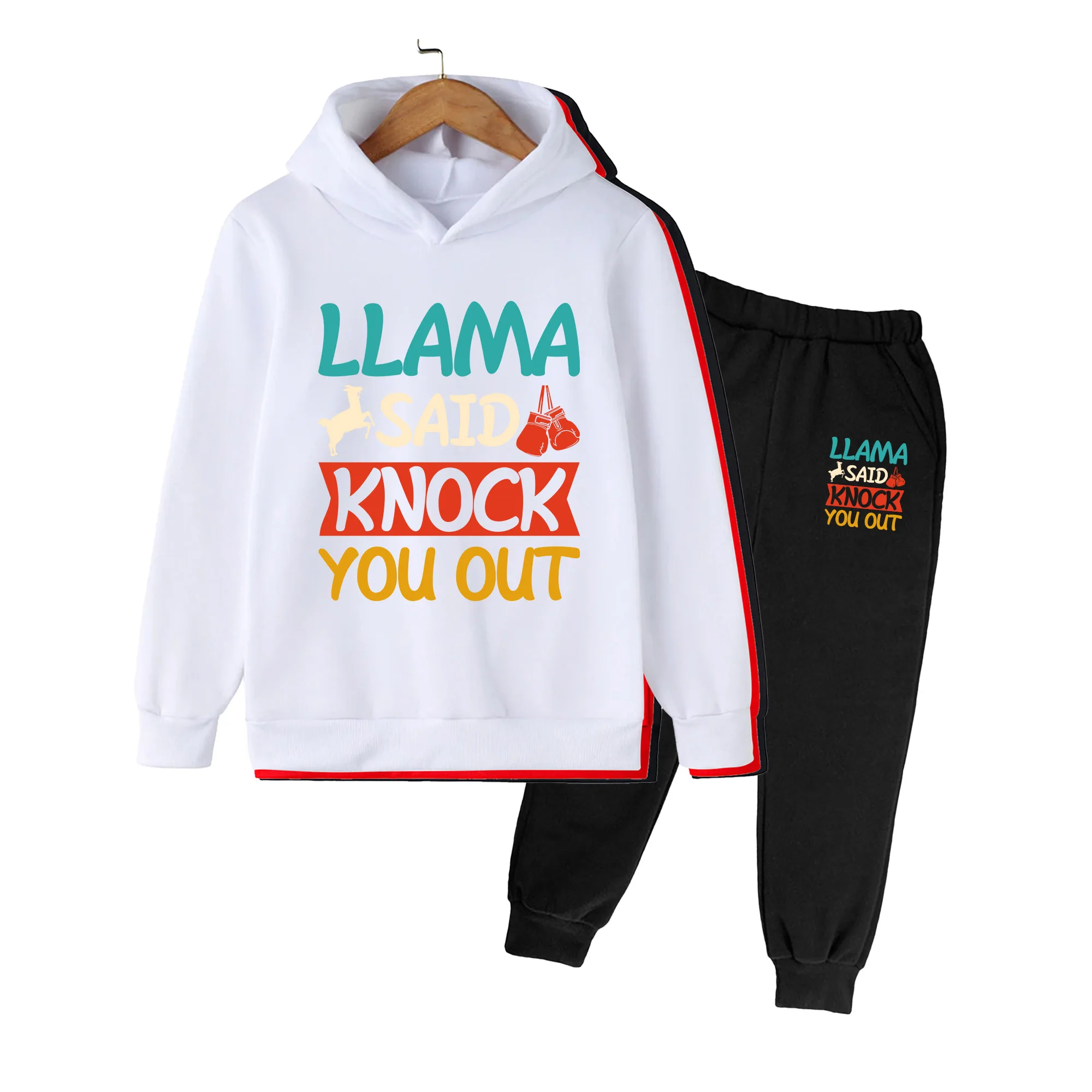 Kids Boys Girls Hoodie & Pants Set, Funny LLAMA KNOCK OUT Print Casual Sportswear Outfit