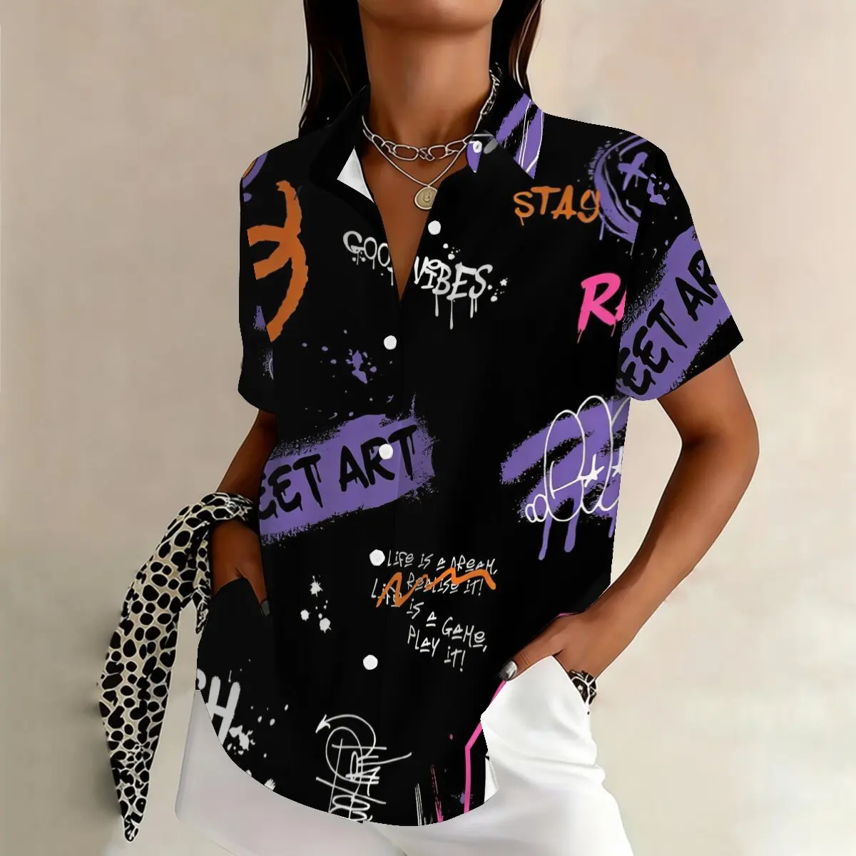 

Fashion plus-size women's short-sleeve shirt,street art style, vintage mix &match,trendy outfit for casual gatherings and dating
