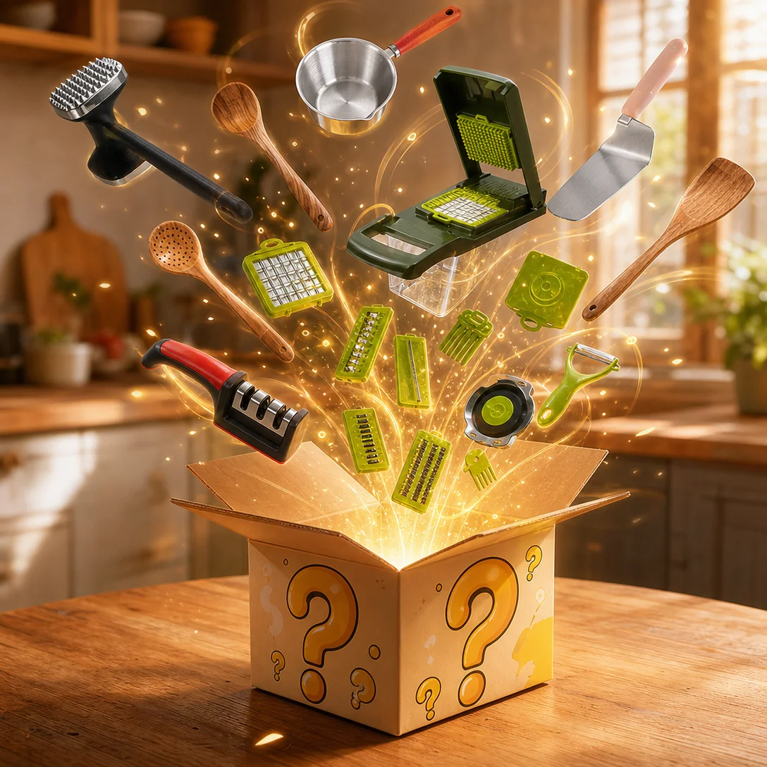 Assorted Kitchen Gadget Blind Box, random daily kitchen utensils & storage accessories, surprise mystery gift box for household cooking use.