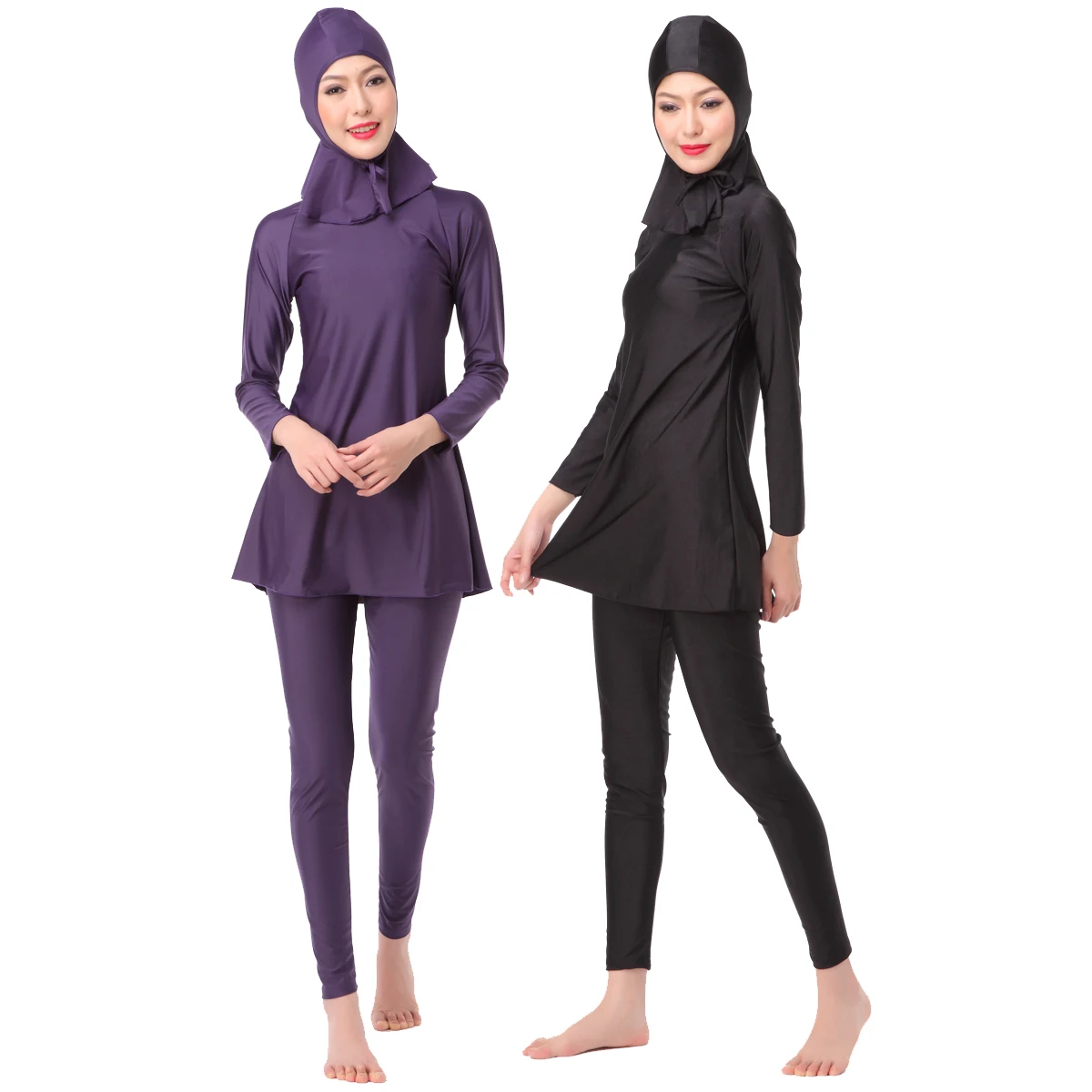 XS-3XL Slim Islamic Muslim Swimwear Burkini for Women Full Cover Modest Solid Color 3-Piece Swimsuit with Hijab Quick Dry