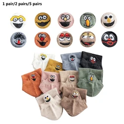 5 Pairs Spring Women's Ankle Socks Kawaii Cartoon Smile Face Embroidery Summer Funny Expression Cute Cotton Female Short Socks