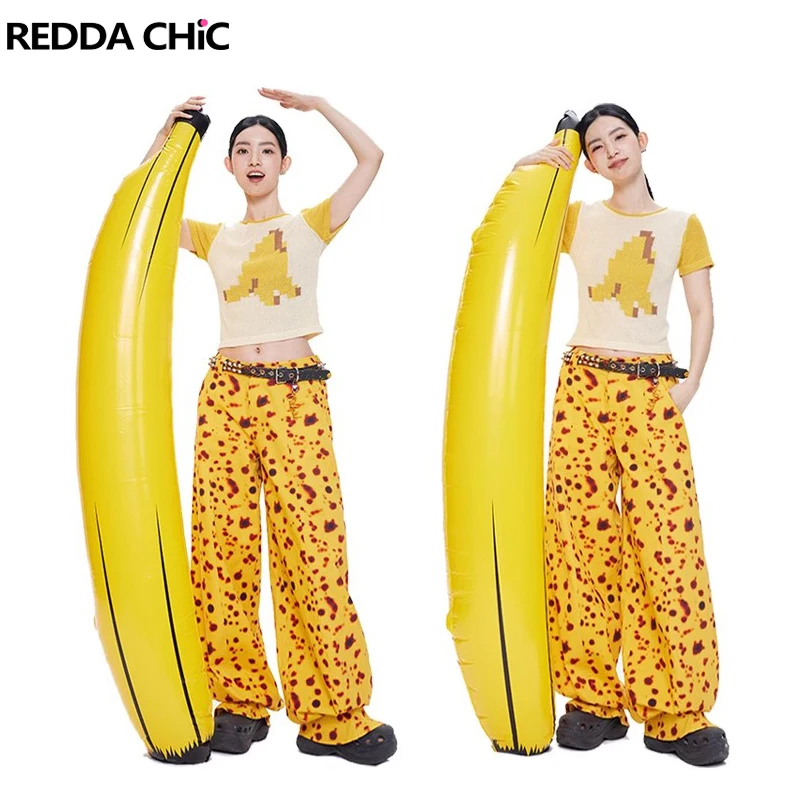 ReddaChic Leopard Vintage Women Causal Wide Pants Rotten Banana Printing Loose Casual High Rise Trousers Hiphop Y2k Streetwear