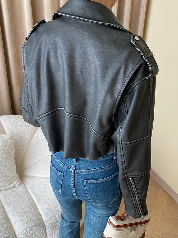 Ailegogo-Chaqueta corta de cuero sintético para mujer, abrigo Retro de color gris con cremallera, ropa de calle Vintage para motorista, primavera y otoño