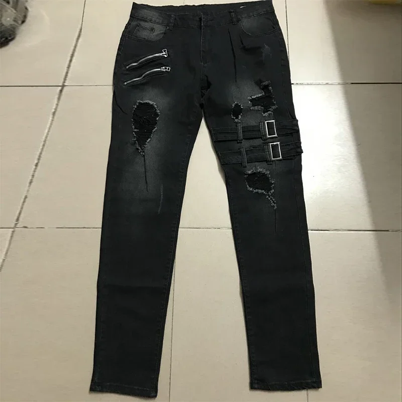 Homens de cintura alta moda jean primavera verão namorado motocicleta rua wear magro casual calças jeans calças retas