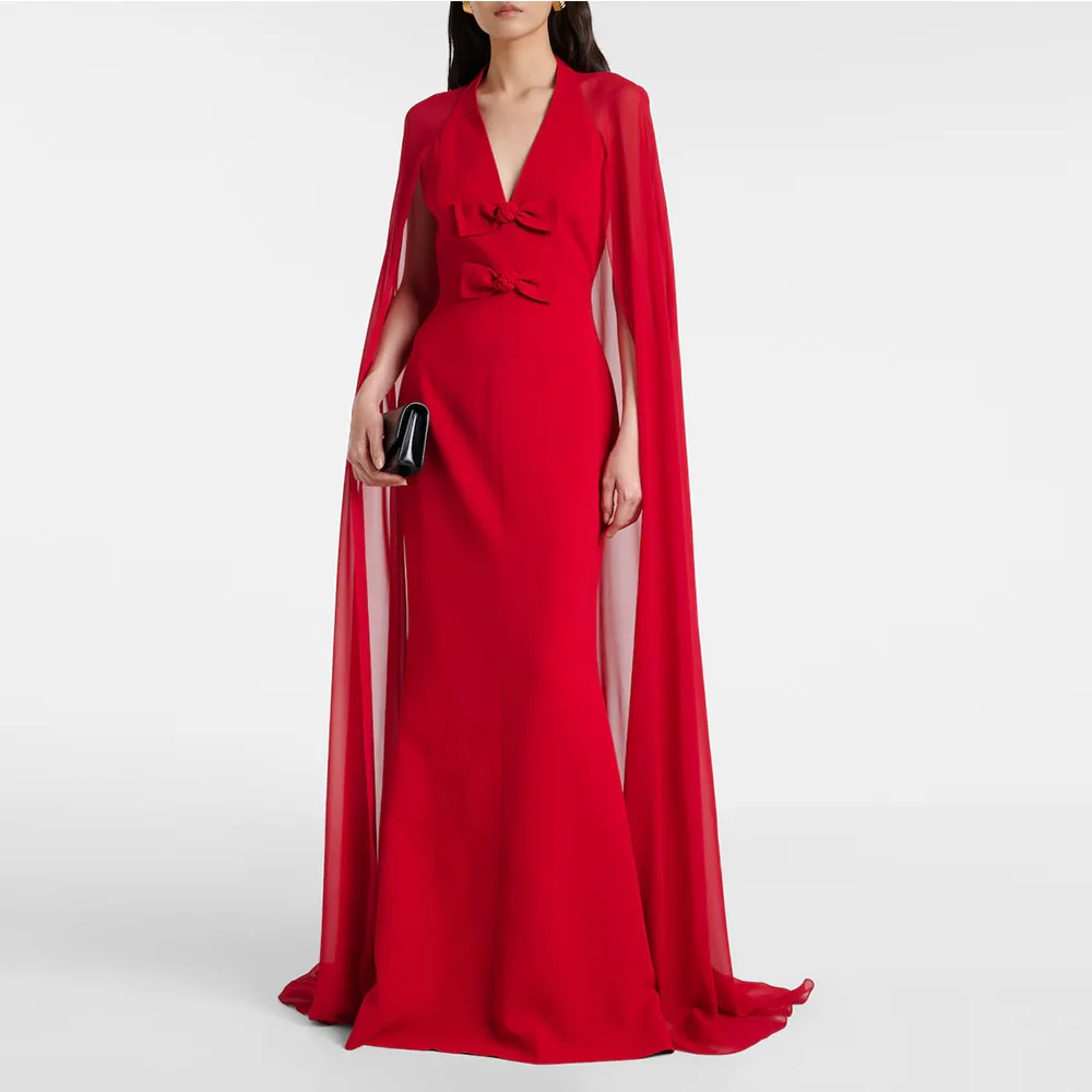 

Красное женское вечернее платье Русалка длиной до пола, вечернее платье с V-образным вырезом и рукавами-плащом, Саудовское платье с шифоновой шалью, платье для выпускного вечера