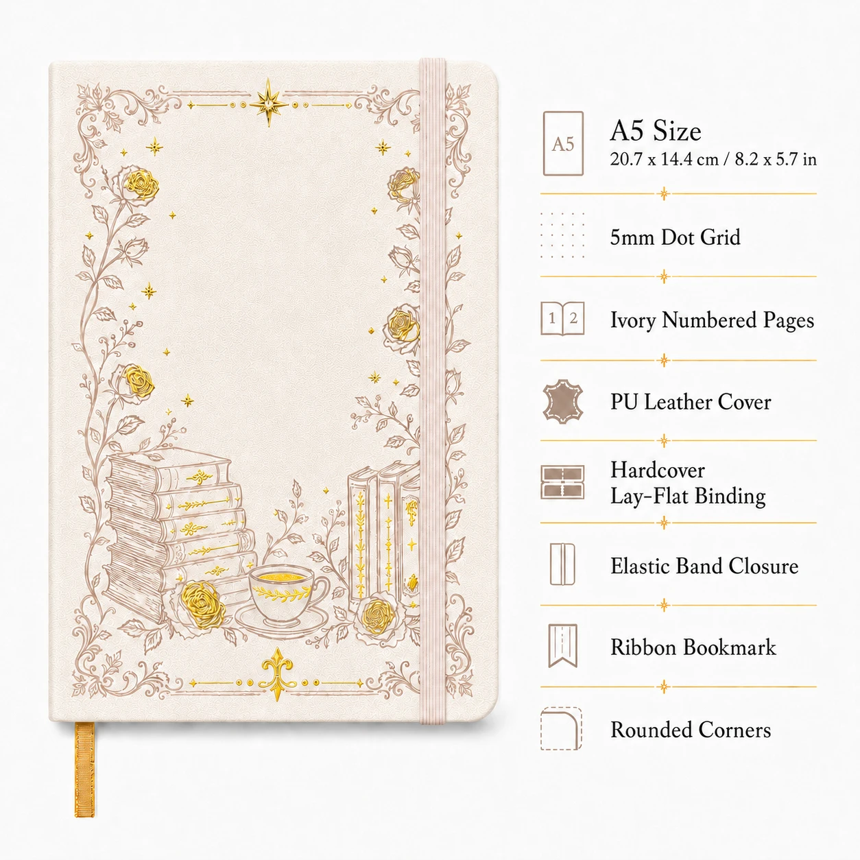 A5 Vintage Floral Dot Grid Notebook PU Leather Hardcover 160gsm Ivory Numbered Pages Lay Flat Journal with Ribbon