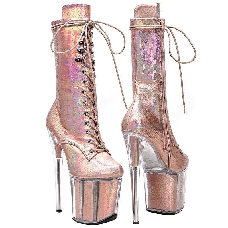 Lace Up Fashion Women 20CM/8inches PU Upper Plating Platform Sexy High Heels Boots Pole Dance Shoes 328