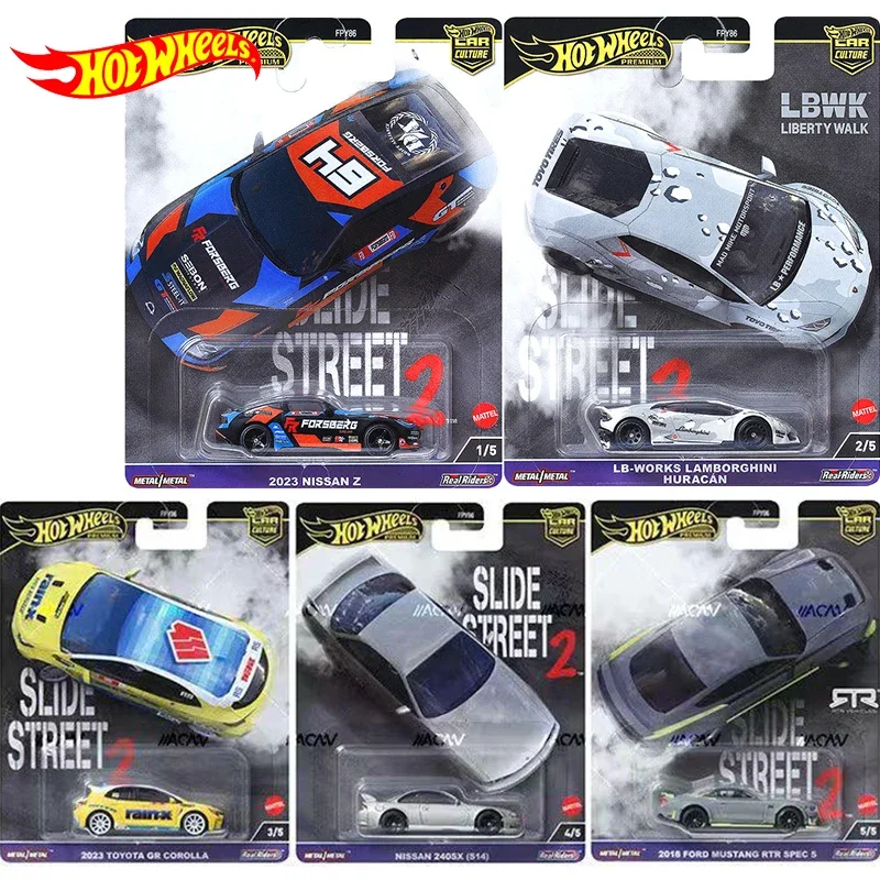 Hot Wheels-Carro Cultura Premium Modelo de Liga, Slide Street 2, Nissan, Lamborghini, Toyota, Mustang Boy Brinquedos, Veículo Esportivo, 1:64,