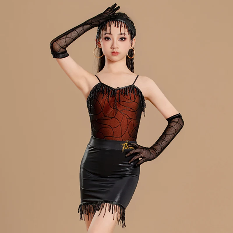 Costume da ballo latino per bambina, body in rete con stampa con cinturino per spaghetti e gonne con nappe con perline, abbigliamento da ballo da competizione Rumba Chacha