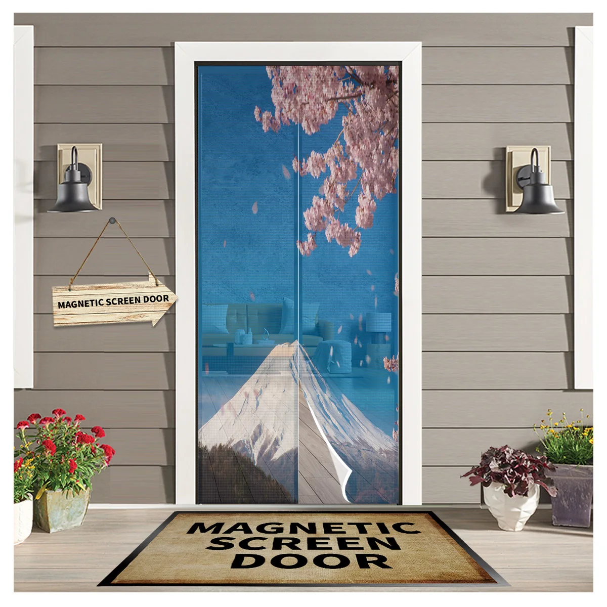 Mount Fuji Japanese Cherry Blossom Magnetic Screen Door Curtain Home Summer Window Mosquito Net for Kitchen Bedroom