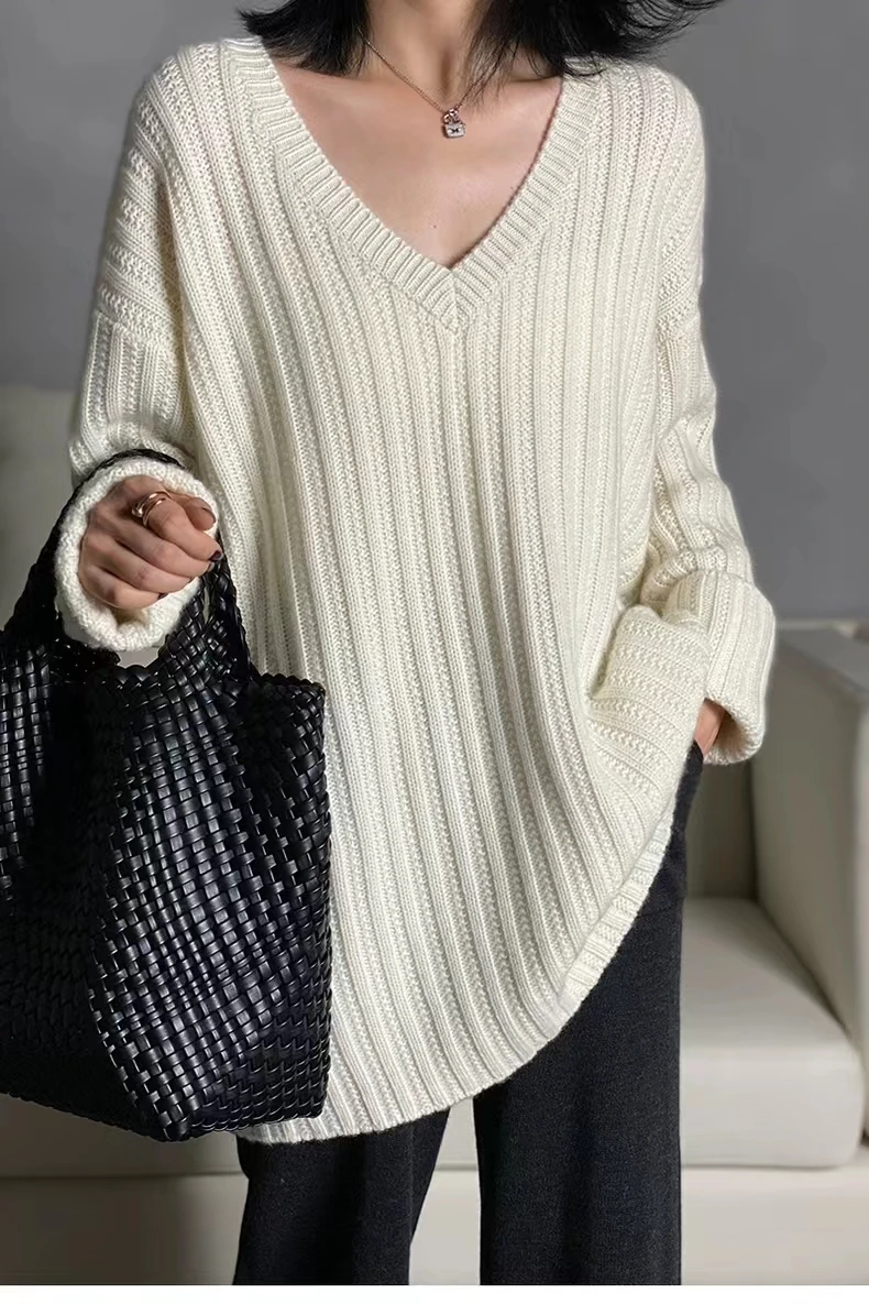 

Thick Cashmere Sweater for Women, V-Neck, Long Loose Sweater, Lazy Wind Outside Knitting, Autumn and Winter