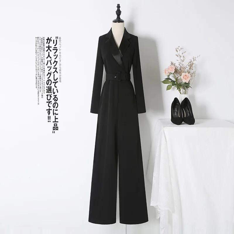 Ele Bla Long Sve Suit Collar Jumpsuit Women's Faion Spring Autumn High Waist Wide Leg Pants High End Feeling